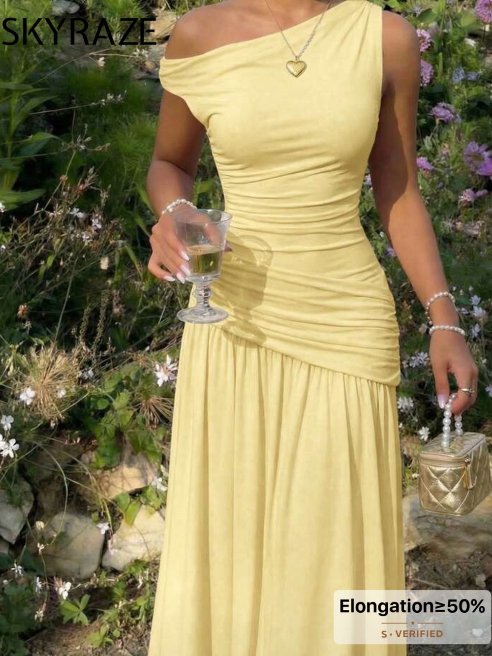 Yellow One-Shoulder Ruched Maxi Dress - Picture 3 of 4